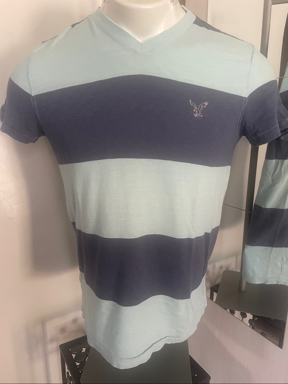 American Eagle Outfitters Striped V-Neck Tee - Aqua & Navy